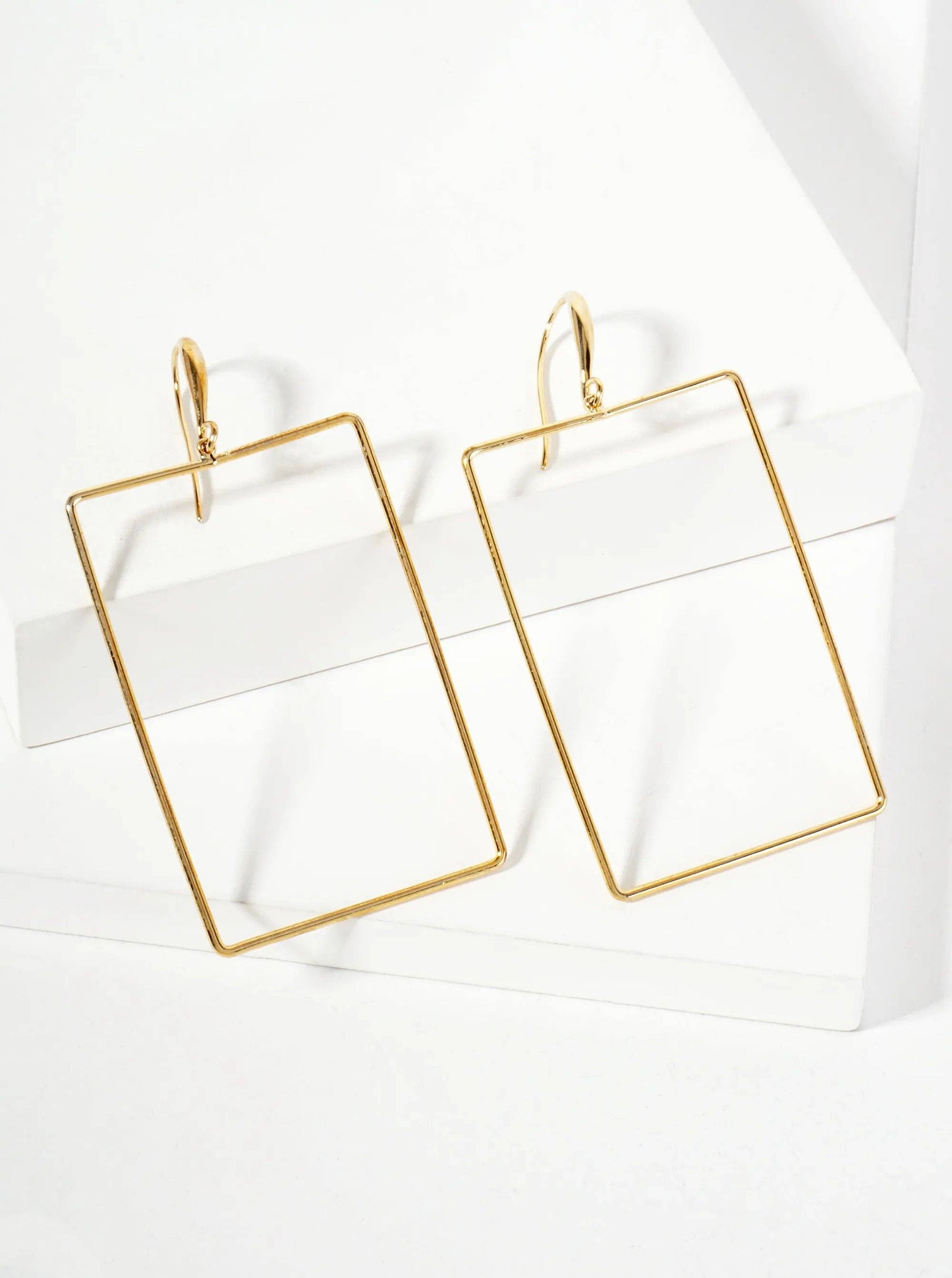 Polished Brass 2-inch Delicate Rectangle Drop 18K-Gold-Dipped Fish-Hook Earrings