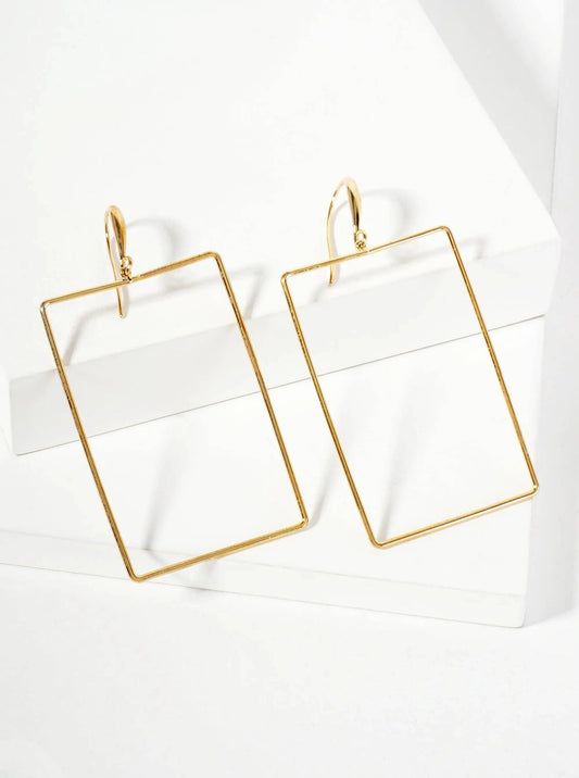 Polished Brass 2-inch Delicate Rectangle Drop 18K-Gold-Dipped Fish-Hook Earrings