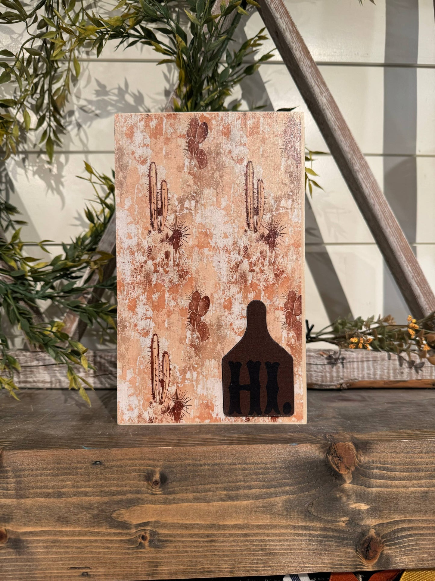 Decorative Wooden Block 9" x 5.5" Cactus Design Hi.