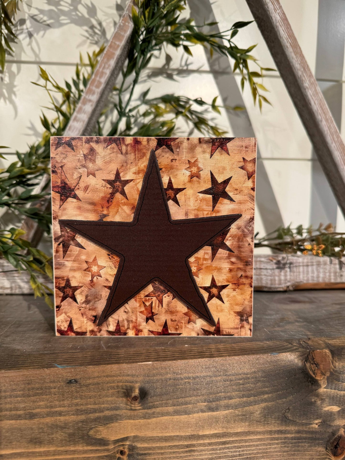 Decorative Wooden Block 5.5" x 5.5" Western Star Design