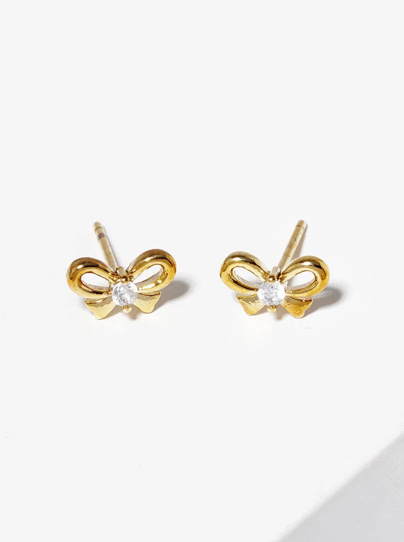 18K Gold Dipped Cz Stone Ribbon Bow Post Stud Earrings