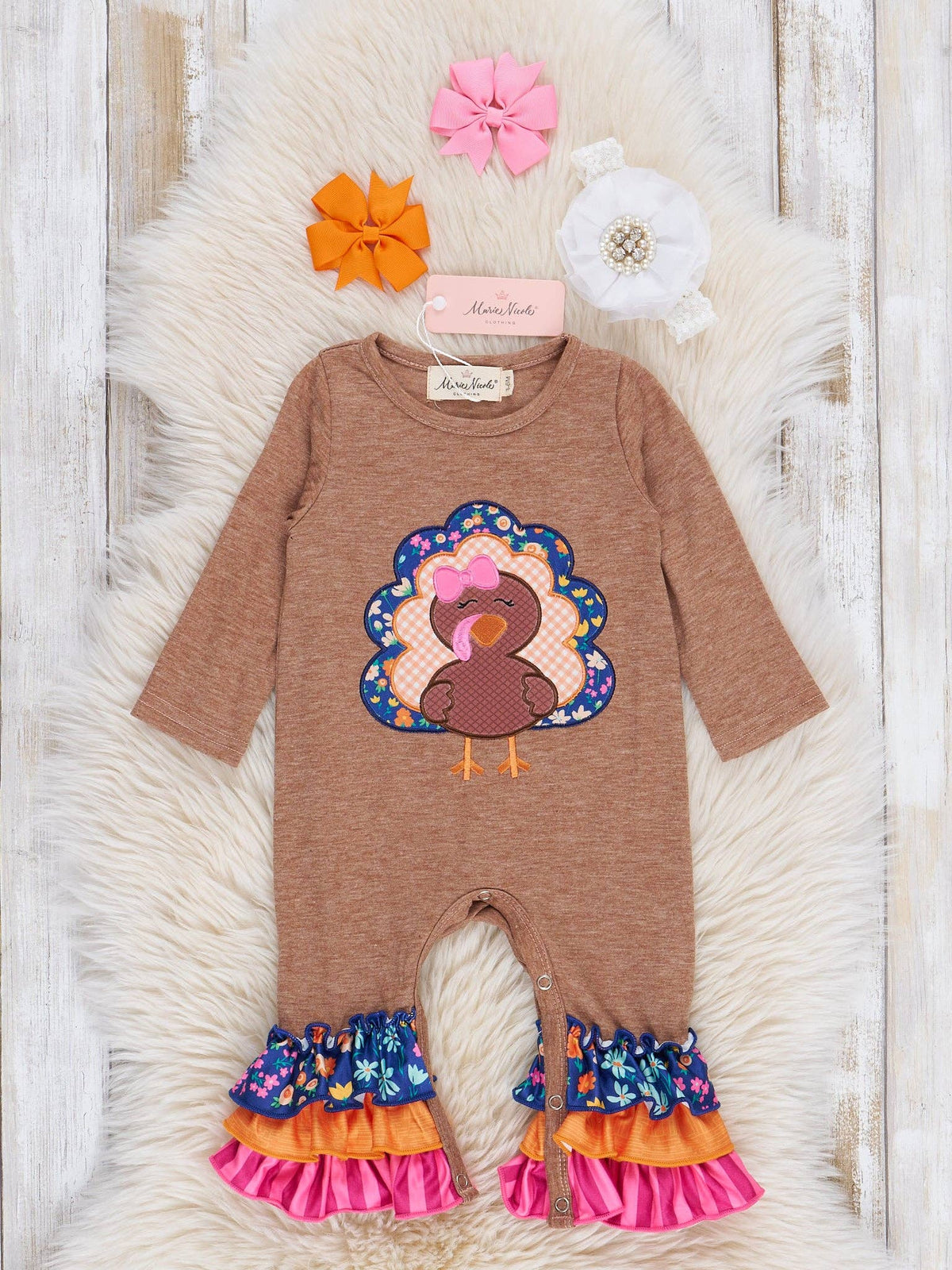 Tan & Pink Stripe Turkey Time Ruffle Romper