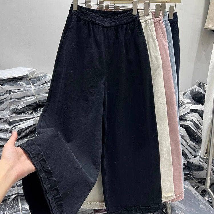 Cotton High-Waist Wide-Leg Pants With Elastic Waistband