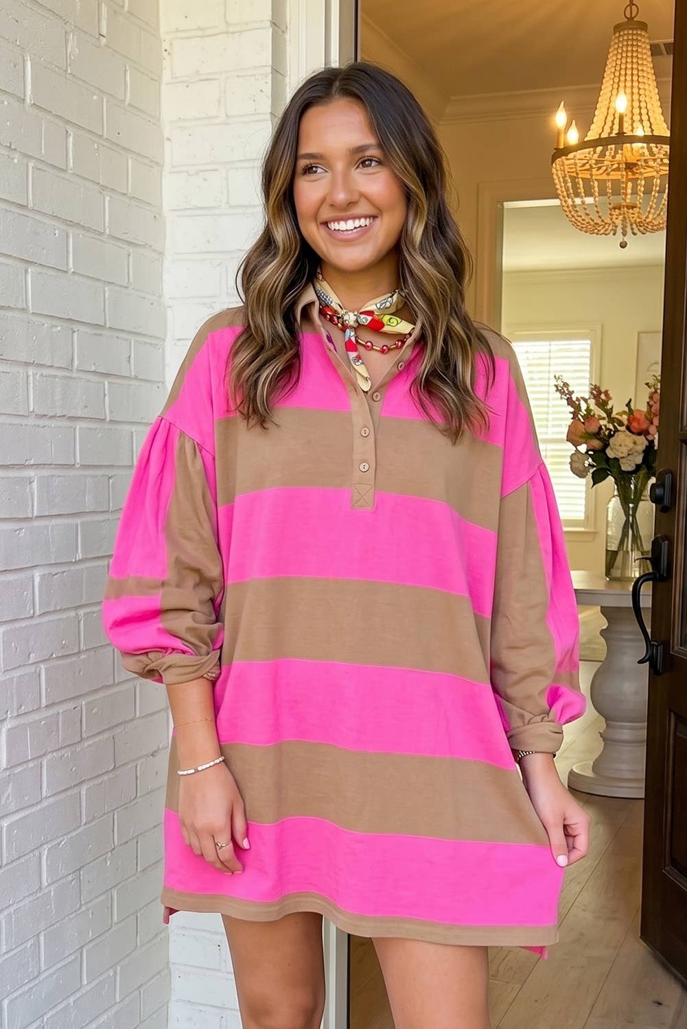 Striped Colorblock Half Button Shift Mini Dress