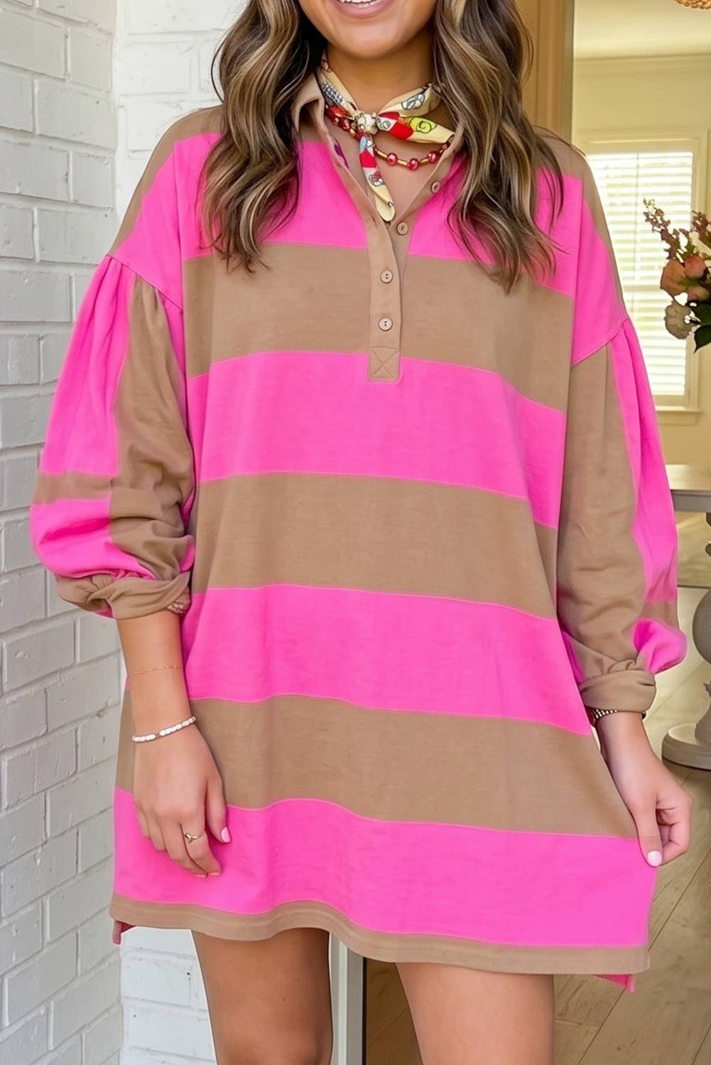 Striped Colorblock Half Button Shift Mini Dress