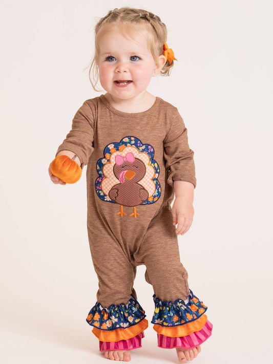 Tan & Pink Stripe Turkey Time Ruffle Romper