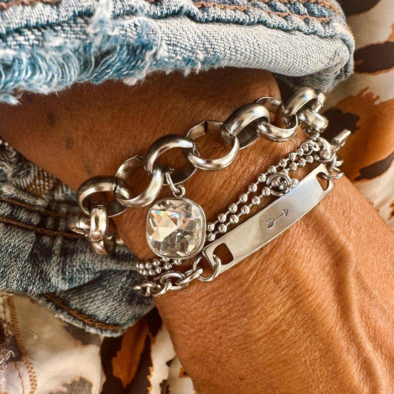 NEW Rolo Stainless Steel Chain w/ Sparkle Charm Bracelet