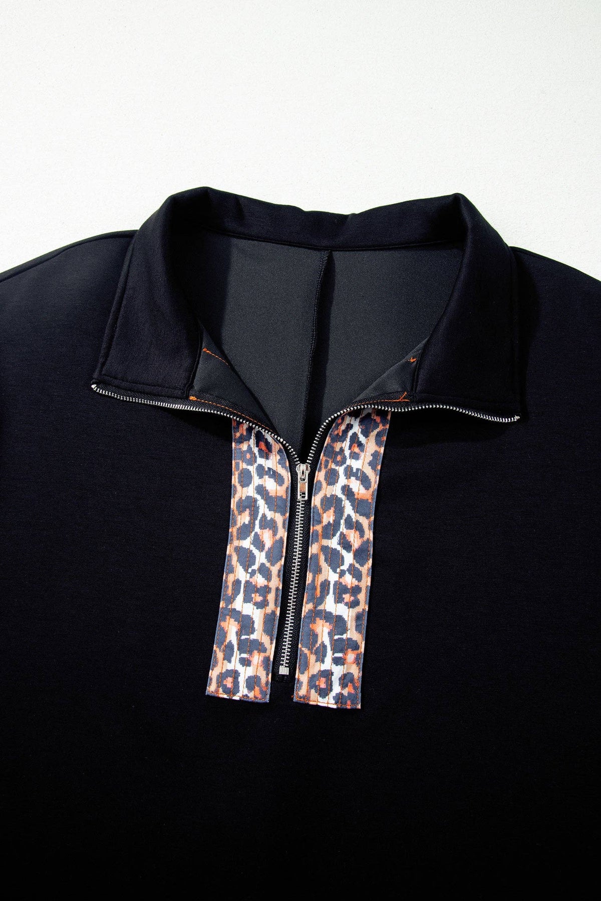 LALA LOO Plus Size Leopard Patchwork Half Zip Short Sleeve Top