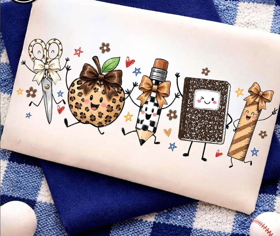 Cute Teacher School Supplies Graphic Tee | Leopard Apple Bow