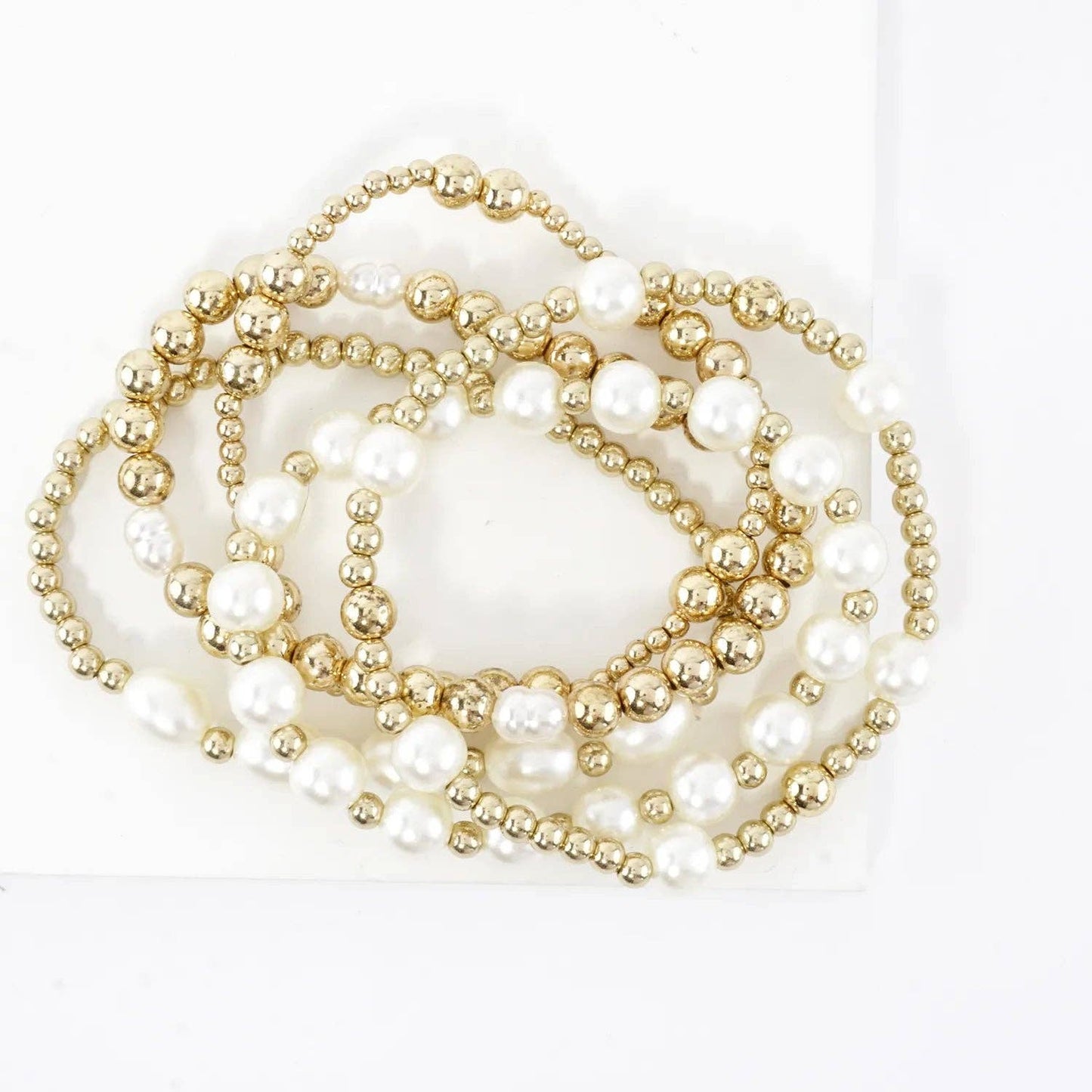 5PC Mix Pearl Metallic Beads Stretch Bracelets Set