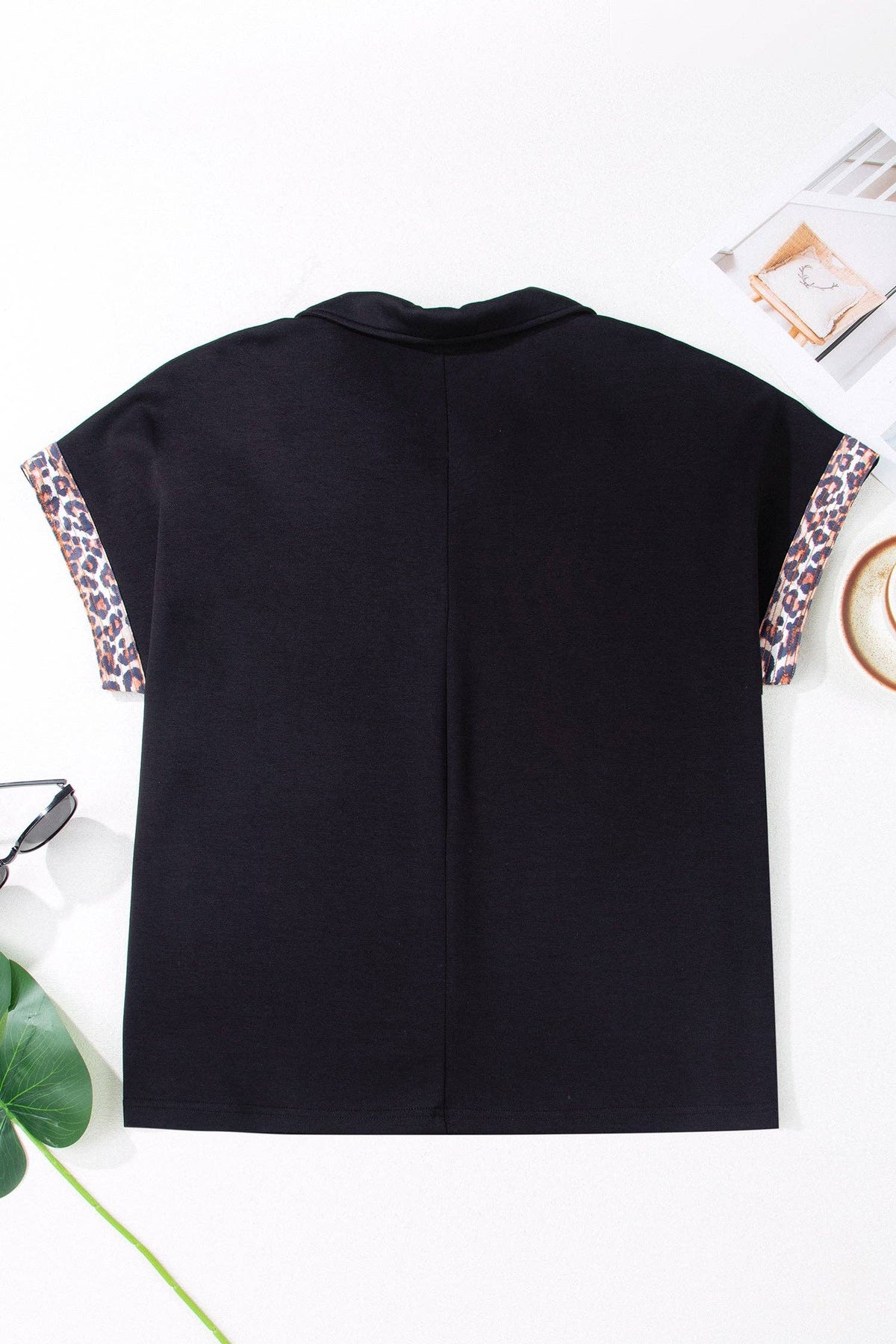 LALA LOO Plus Size Leopard Patchwork Half Zip Short Sleeve Top