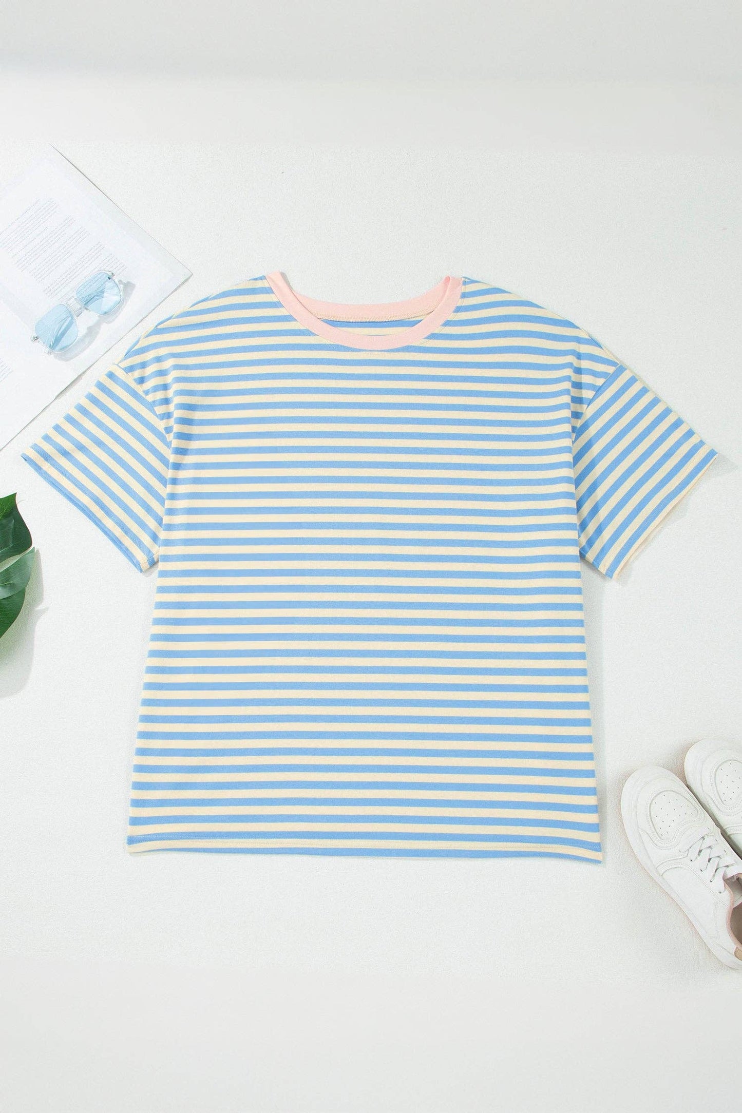 LALA LOO Plus Size Stripe Contrast Crew Neck Tee