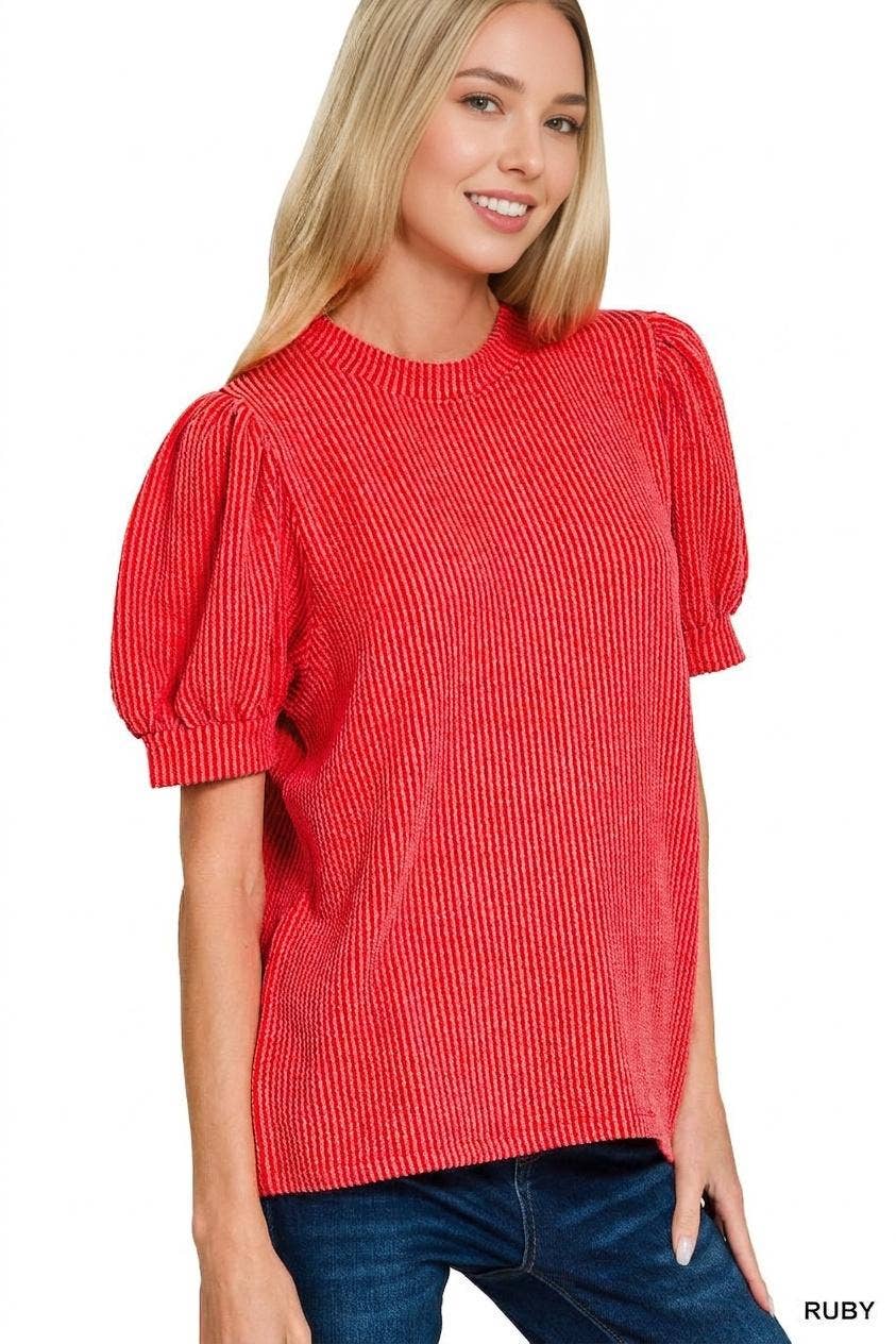 Raised Rib Puff Sleeve Top - Zenana