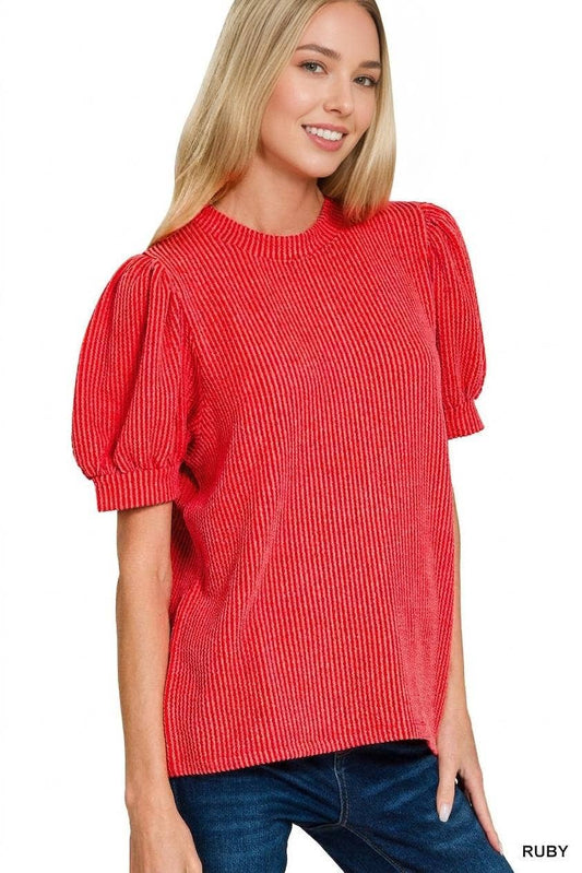 Raised Rib Puff Sleeve Top - Zenana