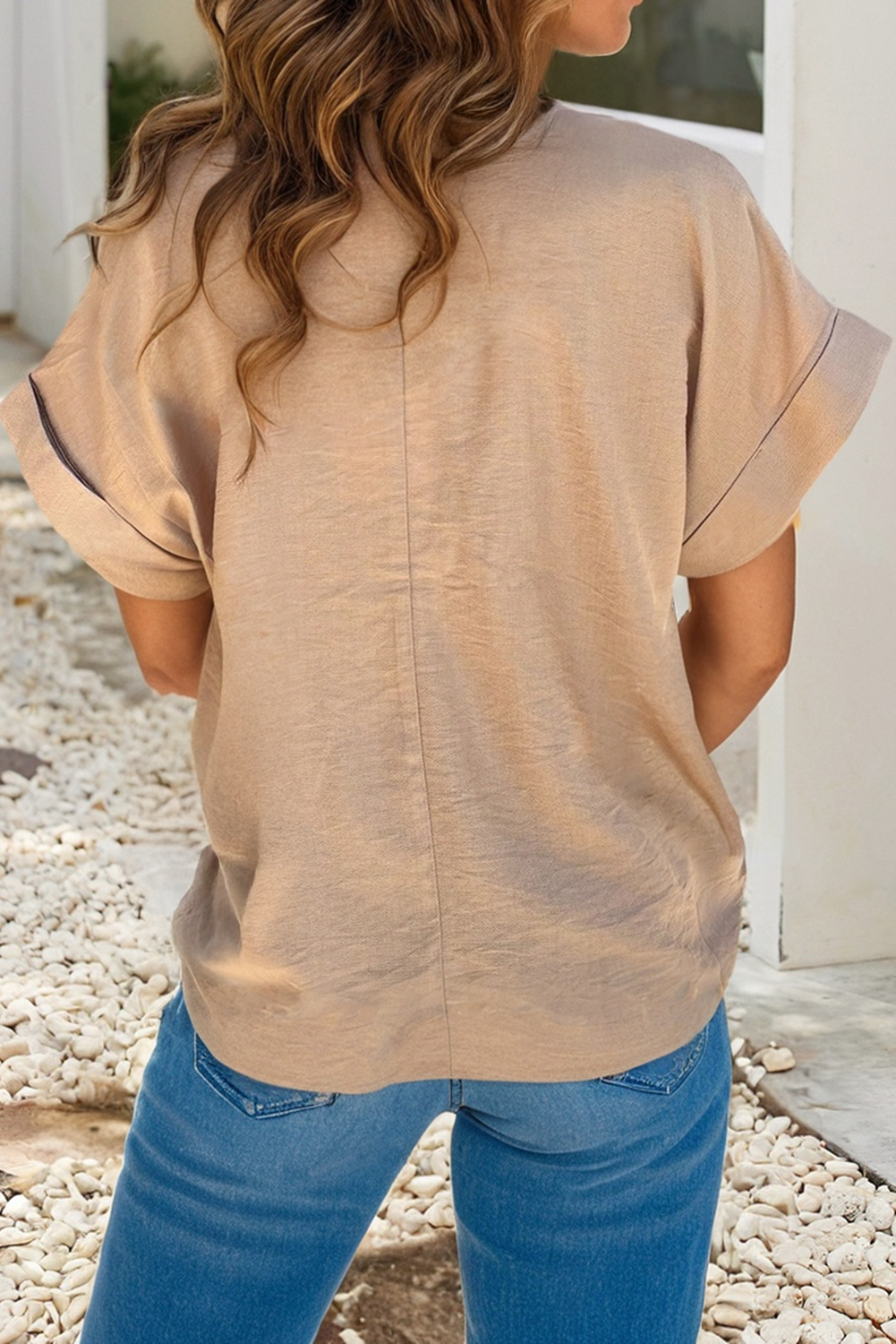 Crochet Lace Accent Pullover Rolled Short Sleeve Blouse